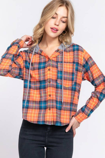 Long Slv Drawstring Hoodie Button Down Plaid Shirt