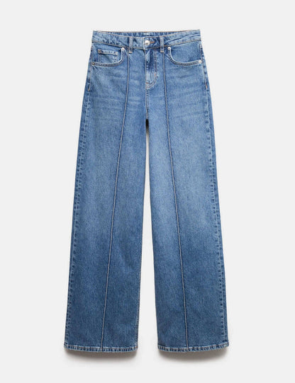 High Waist Contrast Stitch Wide Leg Washed Jeans