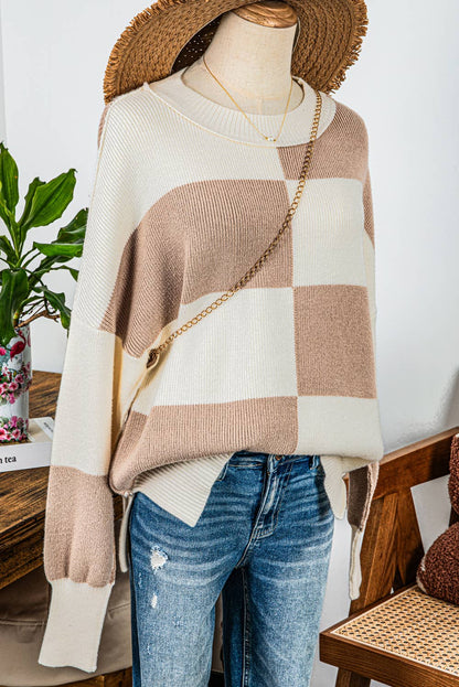 Fashion Checkered Side Slits Drop Shoulder Oversized Sweater