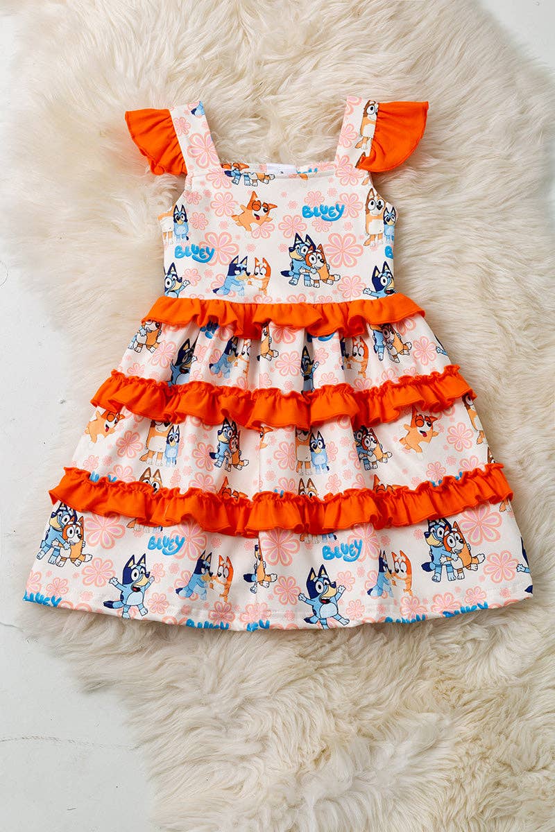 Dog printed character dress with ruffle trim. DRG60225 AMY