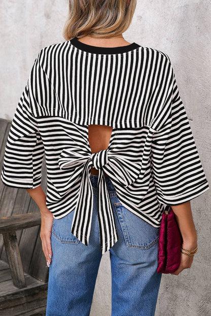 Green Striped Knit Back Bow Tie Open Back Top Women