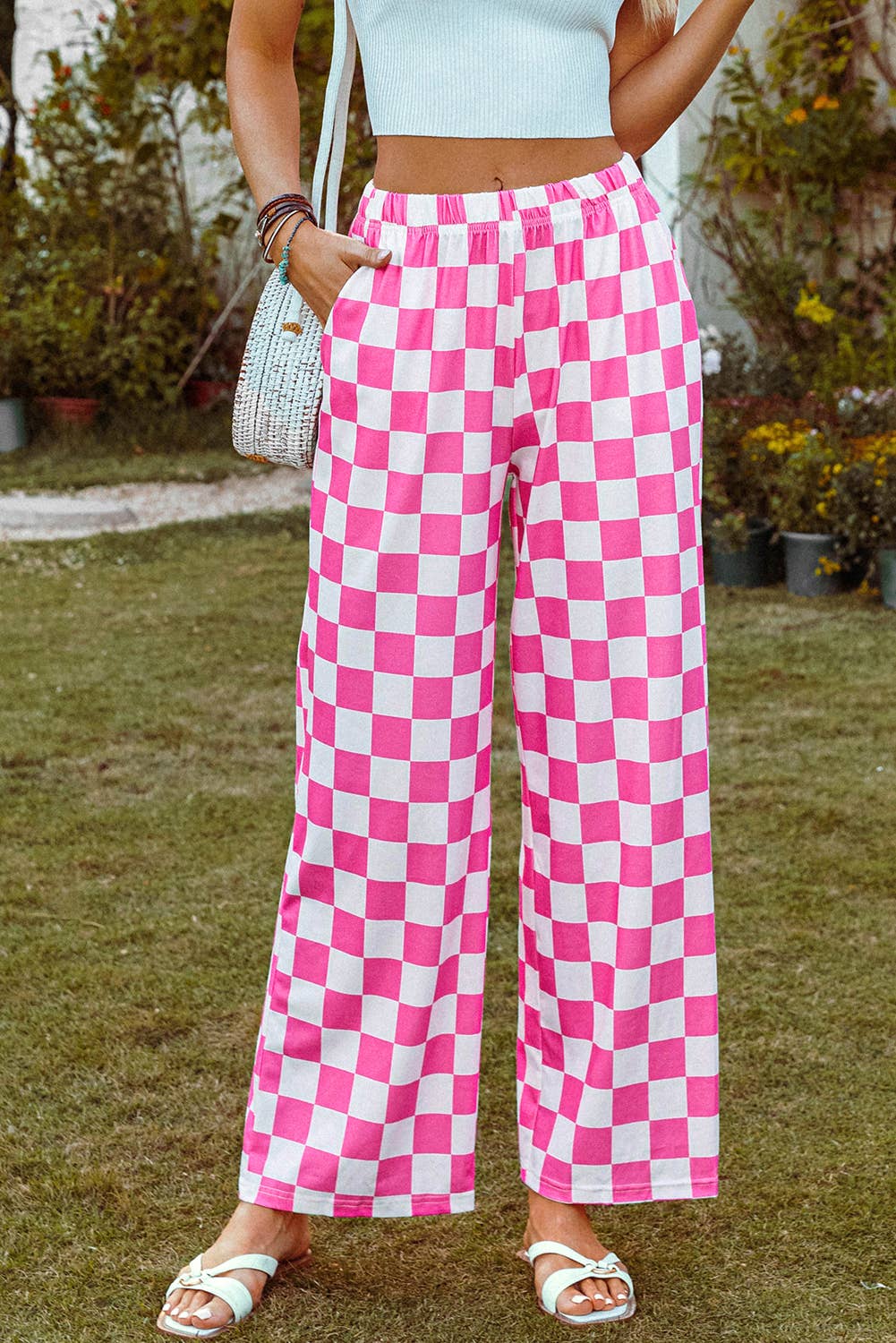 Fashion-W 2-Tone Checked Print High Waist Wide Leg Pants