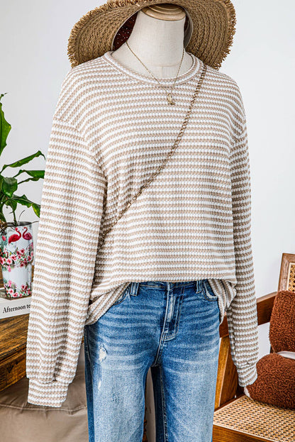 Fall Stripe Round Neck Drop Shoulder Long Sleeve Top*S-3XL