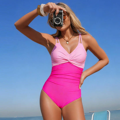 Color Block One Piece Swimsuit Tummy Control Bikini