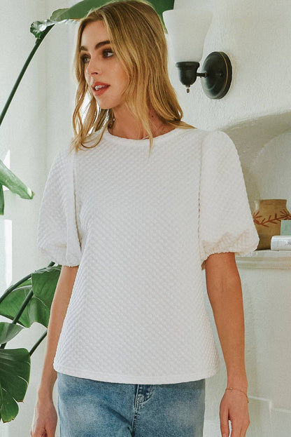 Fashion-W Textured O Neck Puff Sleeve Blouse