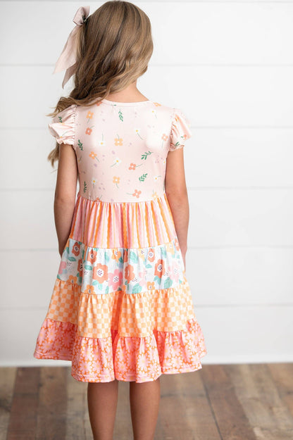 Girls Orange Pink Ava Retro Floral Check Spring Tiered Dress