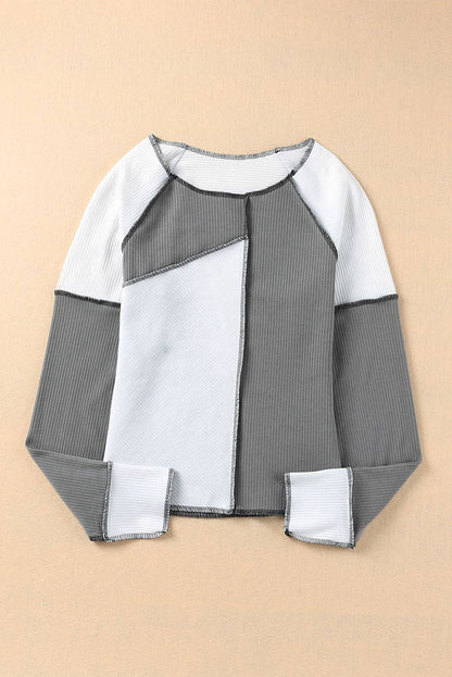 Ribbed Color Block Slim Fit Top with Contrast Seams