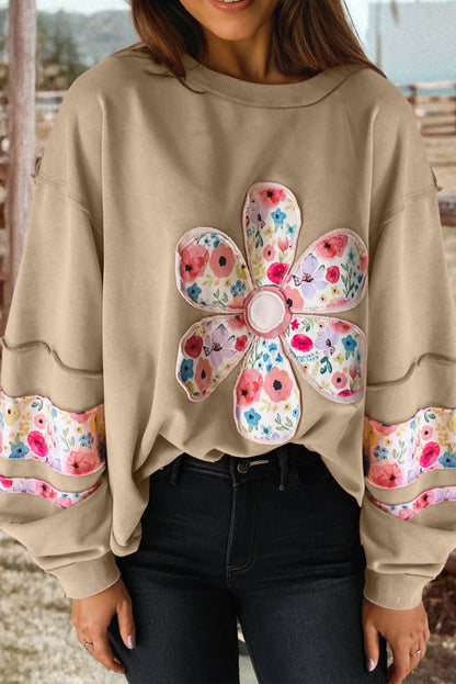 Flower Applique Patch Drop Sleeve Pullover Sweatshirt