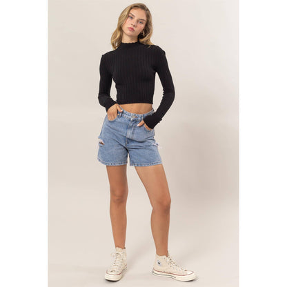 DZ24E451-MOCK NECK RIBBED KNIT CROP TOP