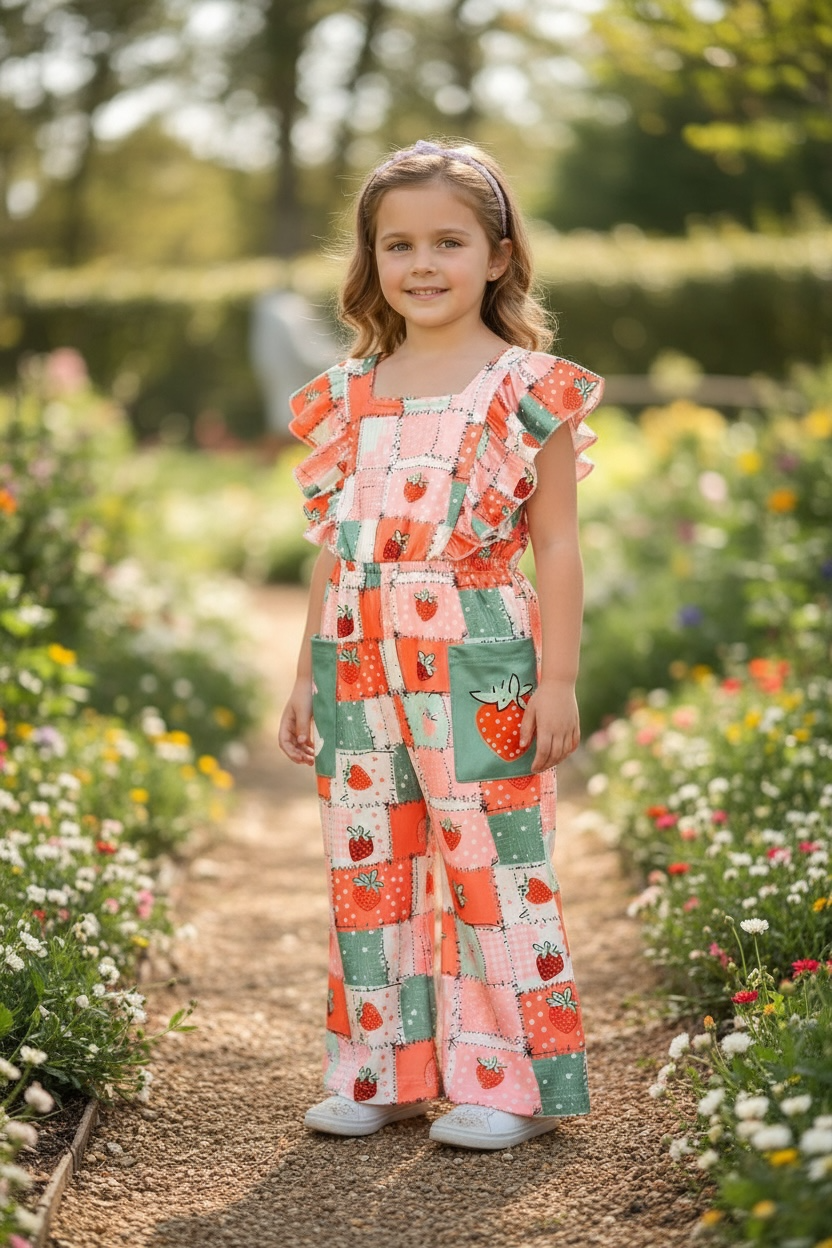 Strawberry multi-printed patch romper with pockets. PNG60022 JEAN