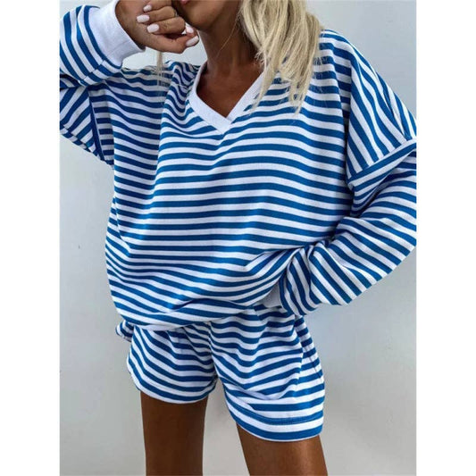 Striped V Neck Shorts Set Resort Lounge Two Piece