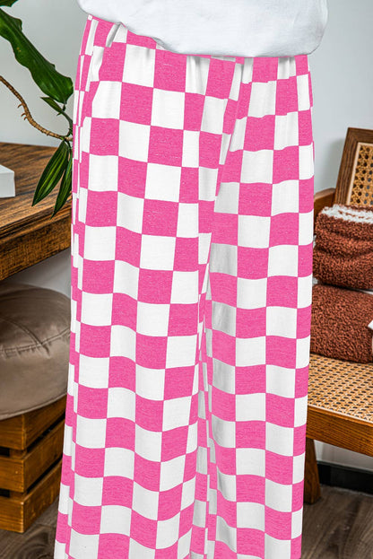 Fashion-W 2-Tone Checked Print High Waist Wide Leg Pants