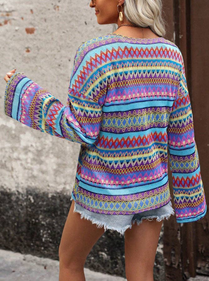 Boho Geometric Knit Sweater Bell Sleeve Crew Neck Top