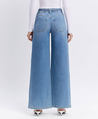 HIGH RISE ELASTIC TIE WAISTBAND BAGGY WIDE JEANS F5955