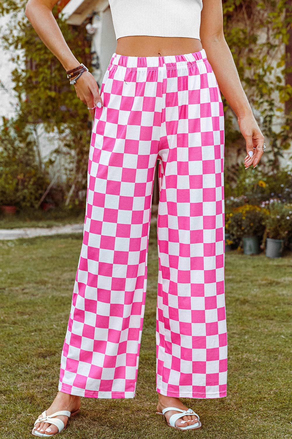 Fashion-W 2-Tone Checked Print High Waist Wide Leg Pants