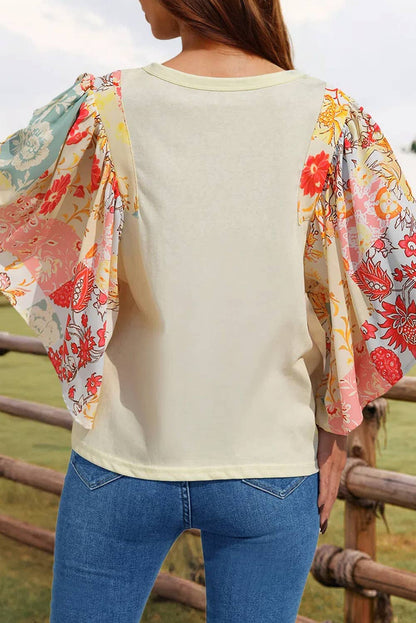 Fashion-W Floral Patchwork Half Batwing Sleeve Blouse