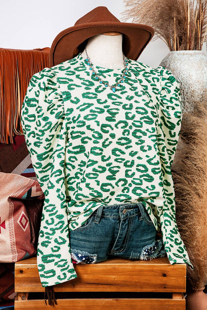 Fashion-W Leopard Print Mock Neck Puff Sleeve Top