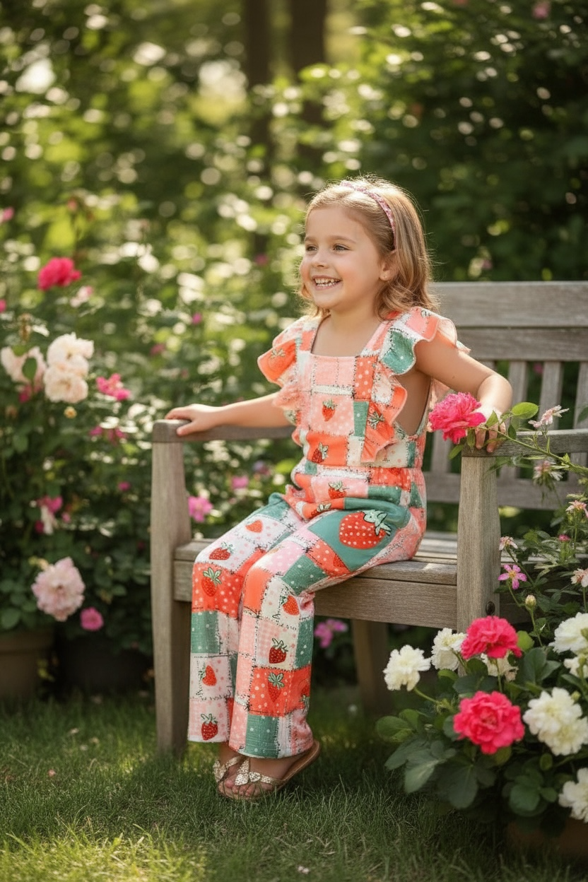 Strawberry multi-printed patch romper with pockets. PNG60022 JEAN