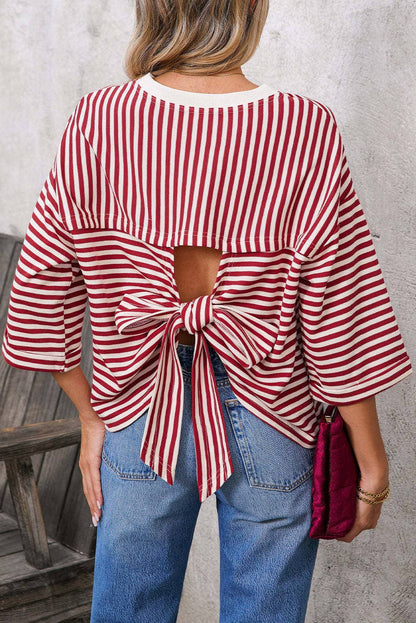 Green Striped Knit Back Bow Tie Open Back Top Women