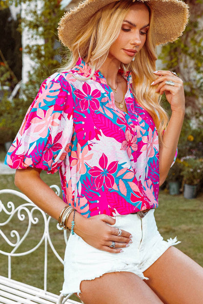 Fashion-W Tropical Plant Printed V Neck Puff Sleeve Blouse