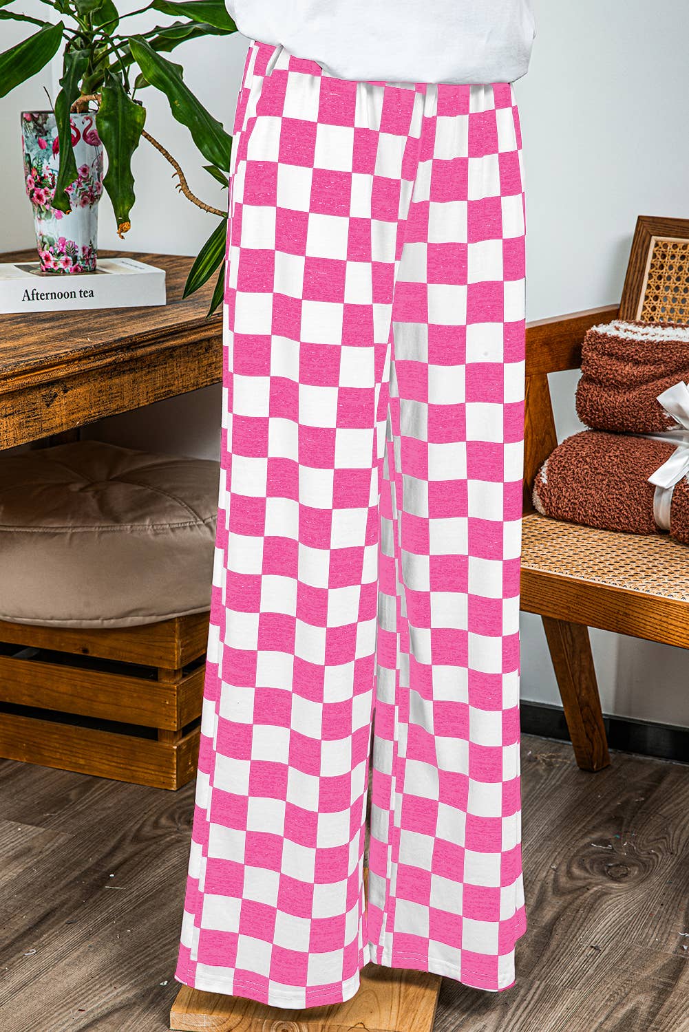 Fashion-W 2-Tone Checked Print High Waist Wide Leg Pants