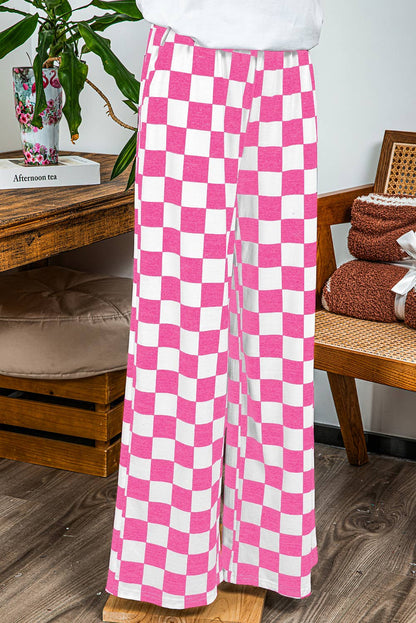 Fashion-W 2-Tone Checked Print High Waist Wide Leg Pants