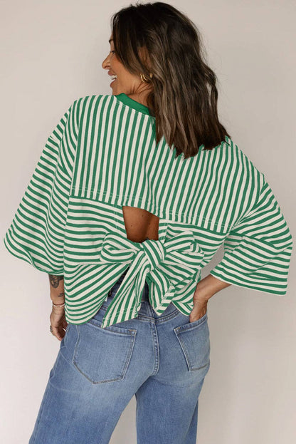 Green Striped Knit Back Bow Tie Open Back Top Women