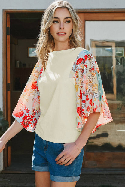 Fashion-W Floral Patchwork Half Batwing Sleeve Blouse