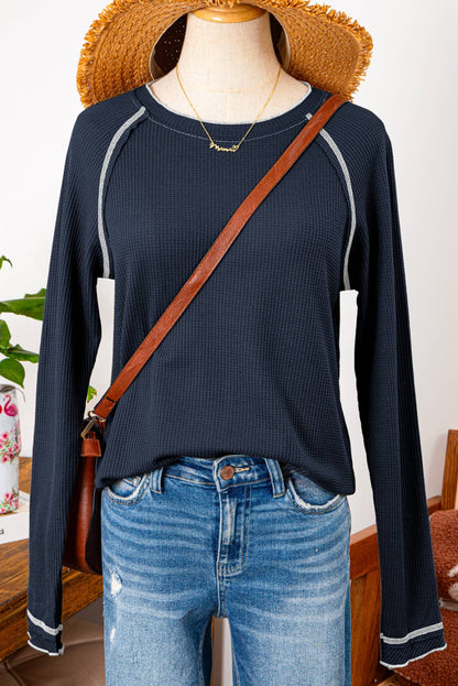 Fall Clothing Textured Round Neck Long Sleeve Top Blouse