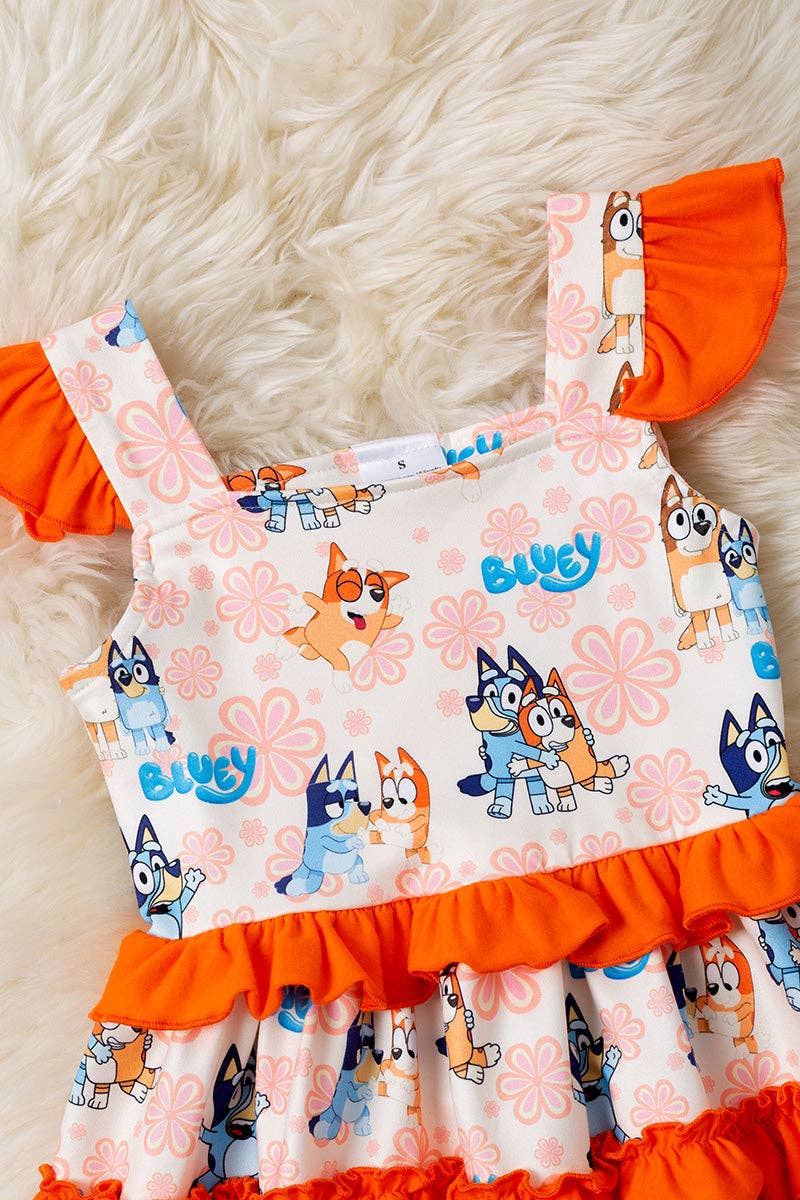 Dog printed character dress with ruffle trim. DRG60225 AMY