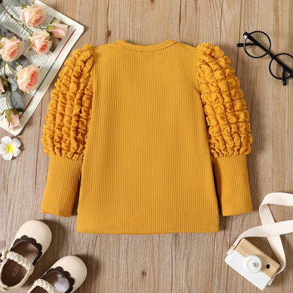Girl Textured Ribbed Long Puff-sleeve Solid Color Tee