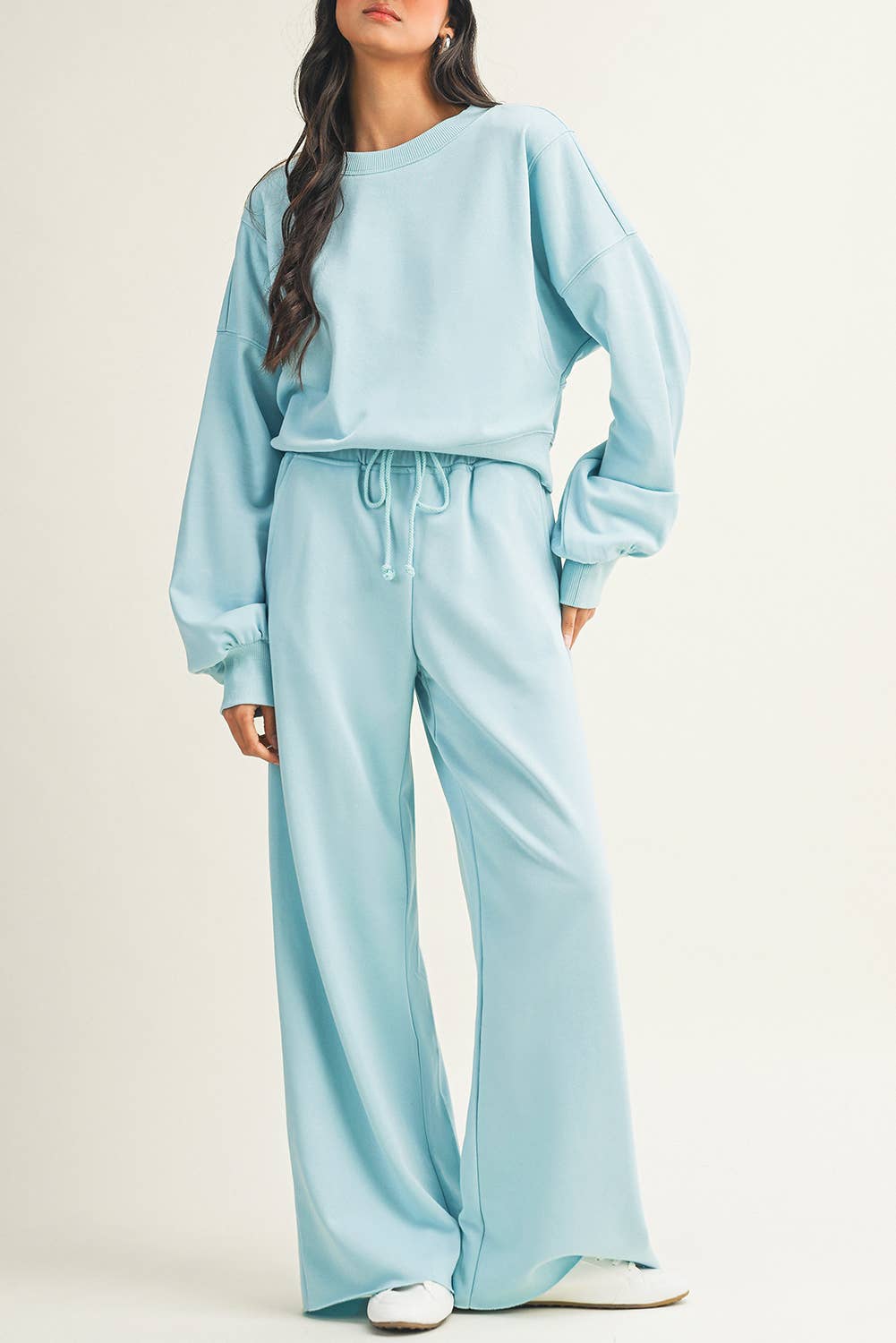 LDC Drop Shoulder Pullover Drawstring Wide Leg Pants Set