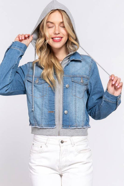Long Sleeve Contrast Terry Hoodie Denim Jacket