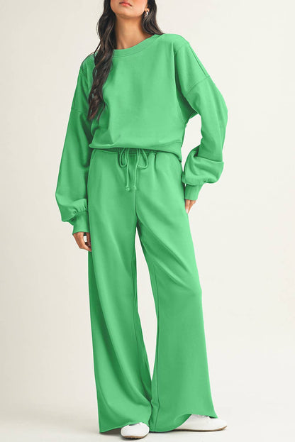 LDC Drop Shoulder Pullover Drawstring Wide Leg Pants Set