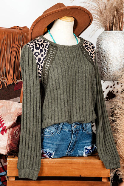 Western Leopard Crochet Patchwork Rib Textured Knit Top
