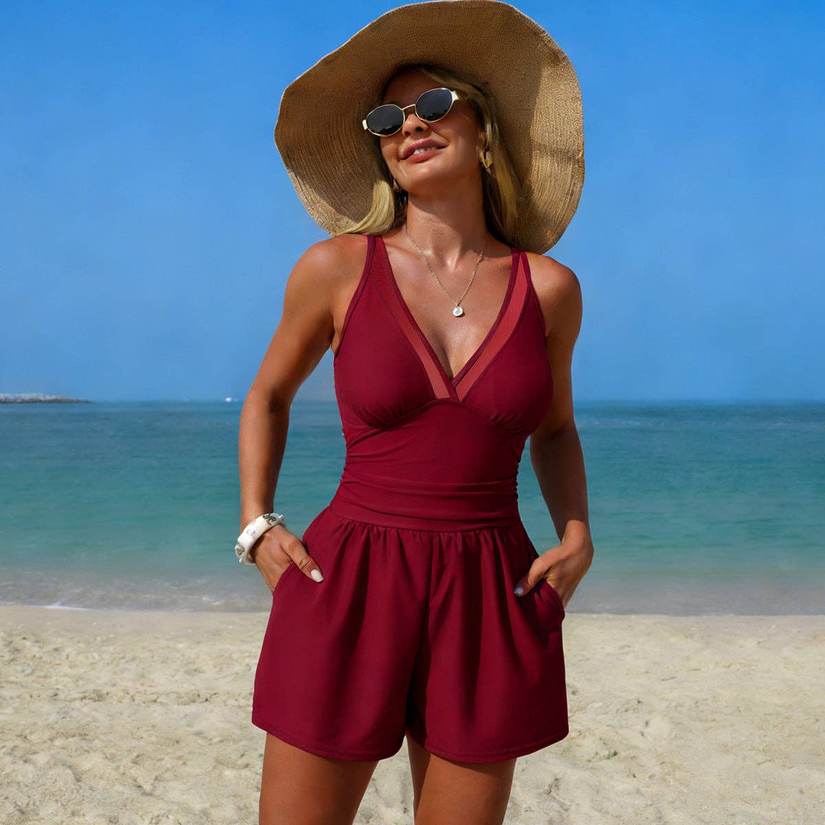 Solid One-Piece Swimsuit with Pockets Sporty Modest