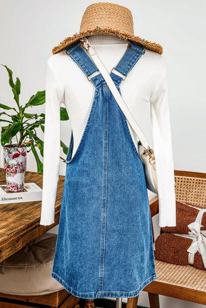 Western Wide Strap Button Front Pocketed Denim Mini Dress