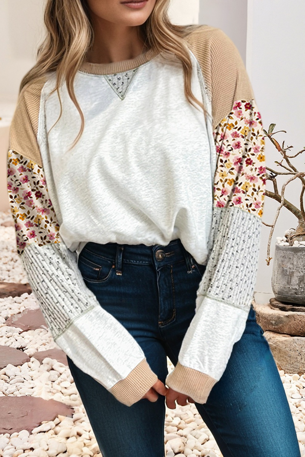 LDC Mixed Raglan Sleeve Patchwork Exposed Seam Pullover Top