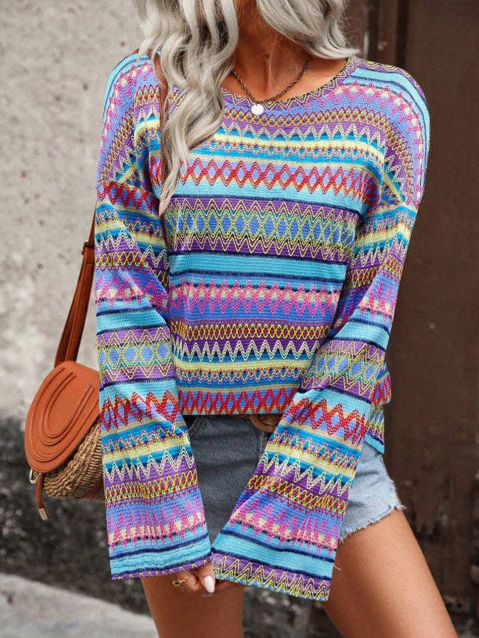 Boho Geometric Knit Sweater Bell Sleeve Crew Neck Top