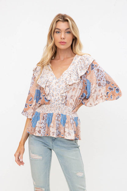 31693T - Floral Smocked Waist Ruffle Blouse Button Detail