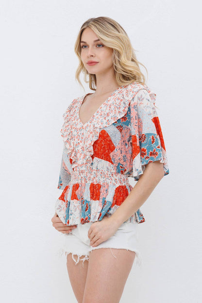 31693T - Floral Smocked Waist Ruffle Blouse Button Detail