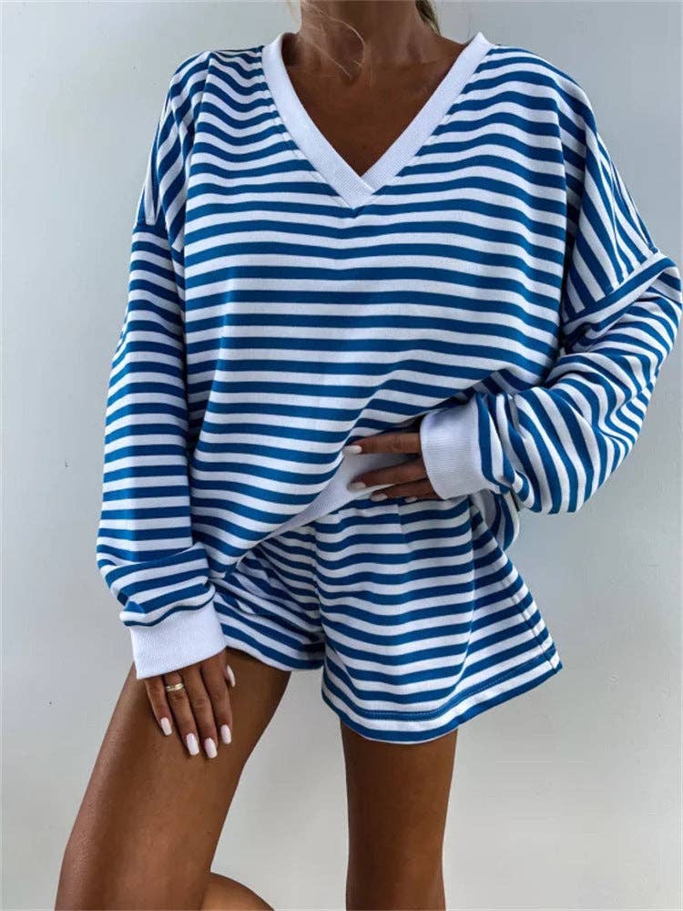 Striped V Neck Shorts Set Resort Lounge Two Piece