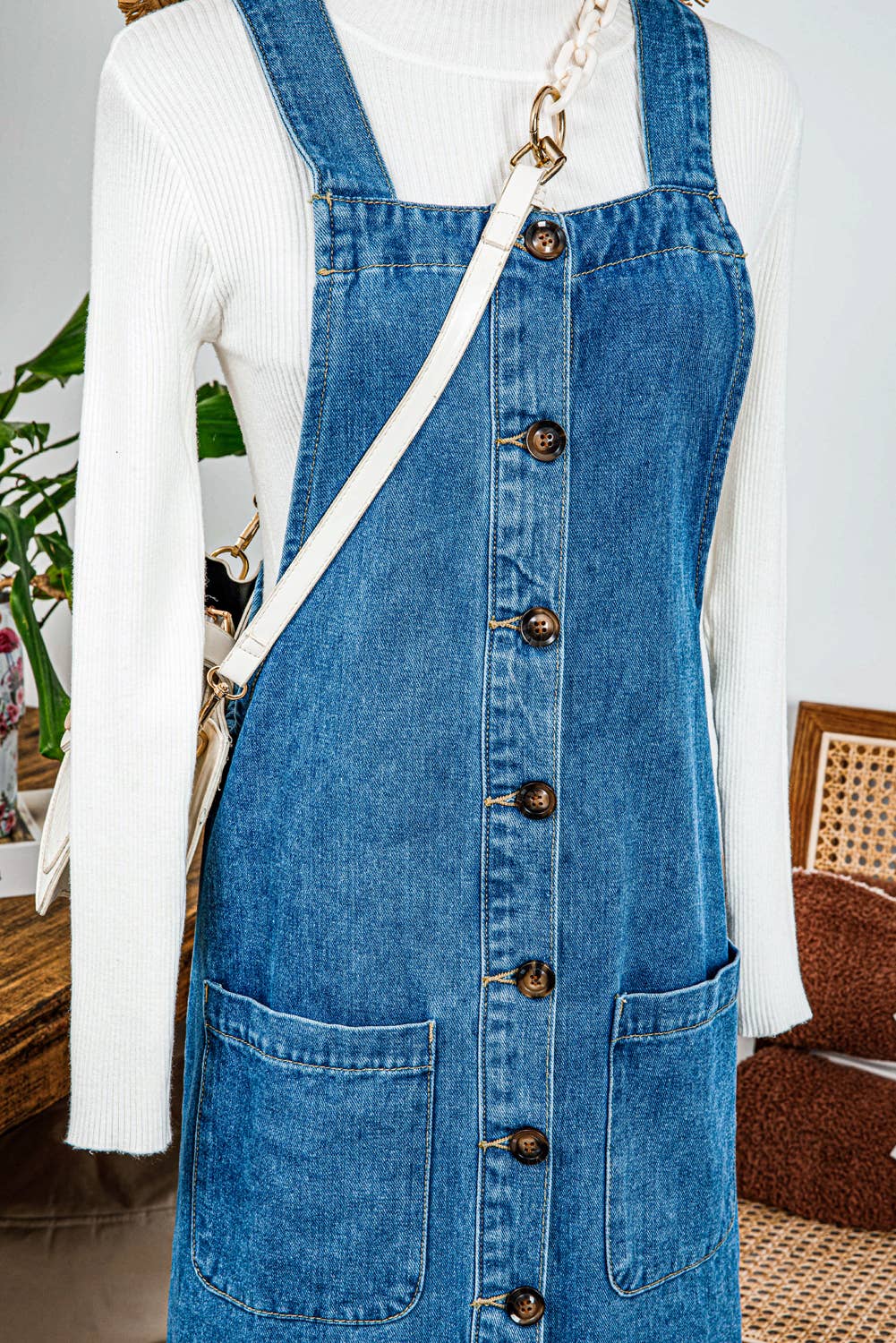 Western Wide Strap Button Front Pocketed Denim Mini Dress