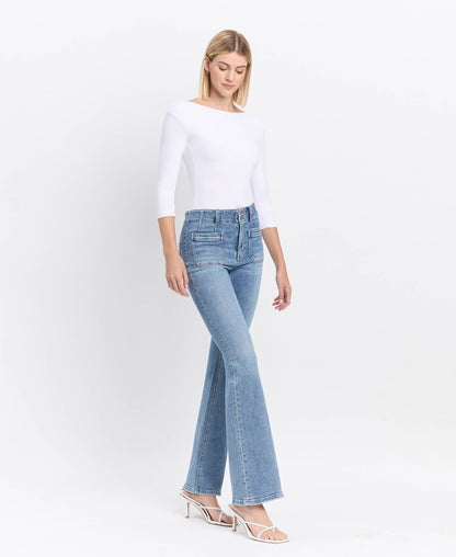 HIGH RISE FRONT POCKET W DART DETAIL FLARE JEANS F5510