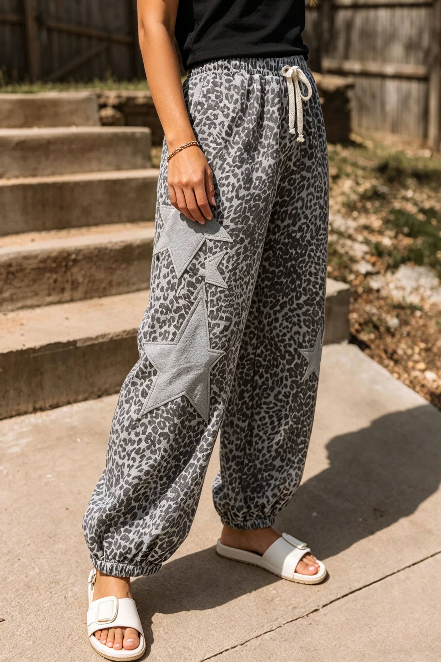 Western Leopard Star Patched Drawstring Jogger Pants