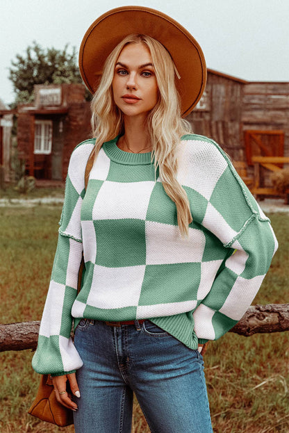 Fashion-W Checkered Bishop Sleeve Sweater*S-2XL