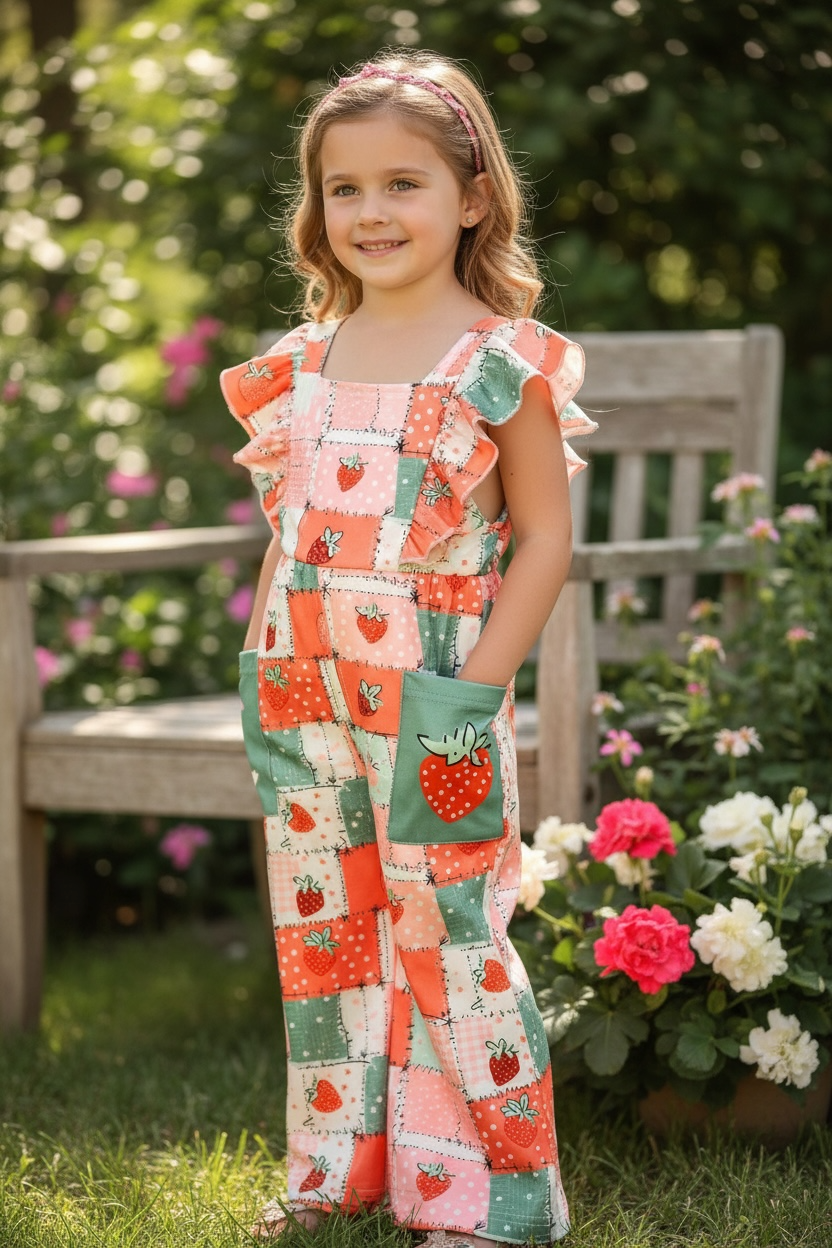 Strawberry multi-printed patch romper with pockets. PNG60022 JEAN
