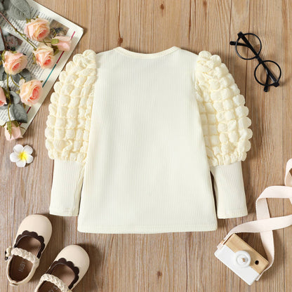 Girl Textured Ribbed Long Puff-sleeve Solid Color Tee
