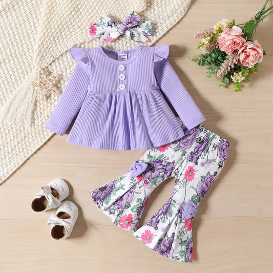 2pcs Baby Girl Ribbed Ruffle Top & Floral Pants Set