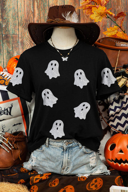 Fall Glitter Ghost Graphic Crew Neck Halloween T Shirt